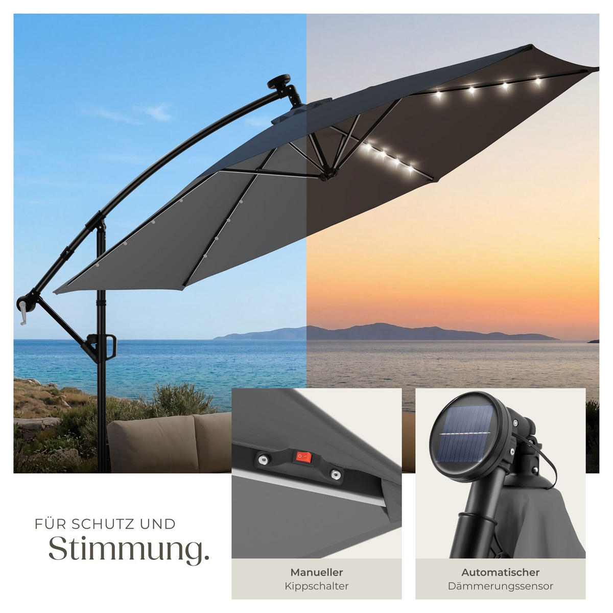AMPELSCHIRM Artemis, mit LED Solar-Beleuchtung, inkl. Schutzhülle, grau - Grau, Metall (300/291cm) - tectake