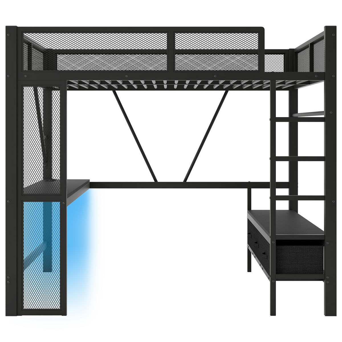 HOCHBETT 140/200 cm schwarz aus Metall mit LED und Schreibtisch - Schwarz, Holzwerkstoff (140/200cm) - OKWISH