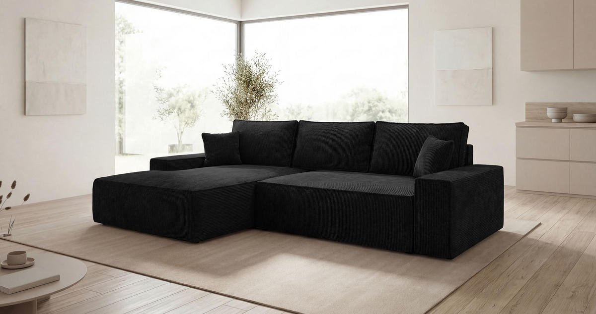 ECKSOFA VERONA links schwarz Cord Poso 135 - Schlaffunktion, Bettkasten - Schwarz, Textil (280/185cm) - Cornero