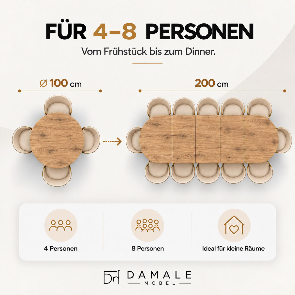 ESSTISCH rund ausziehbar 100/200/76 cm, Eiche Craft, 54 cm Tischplatte + Metall weiß - Honigeiche, Holzwerkstoff/Metall (100/200/76cm) - Damale Möbel