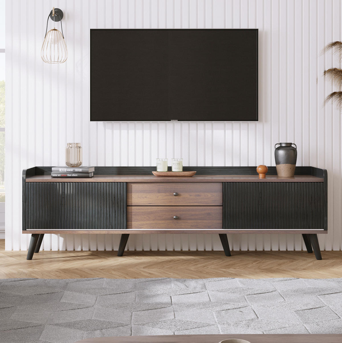 TV-LOWBOARD aus Spanplatte 160x40x58 cm Schwarz/Holzfarben mit 2 Schiebetüren, 2 Schubladen und viel Stauraum - Schwarz, Holzwerkstoff (160/58/40cm) - Modfu