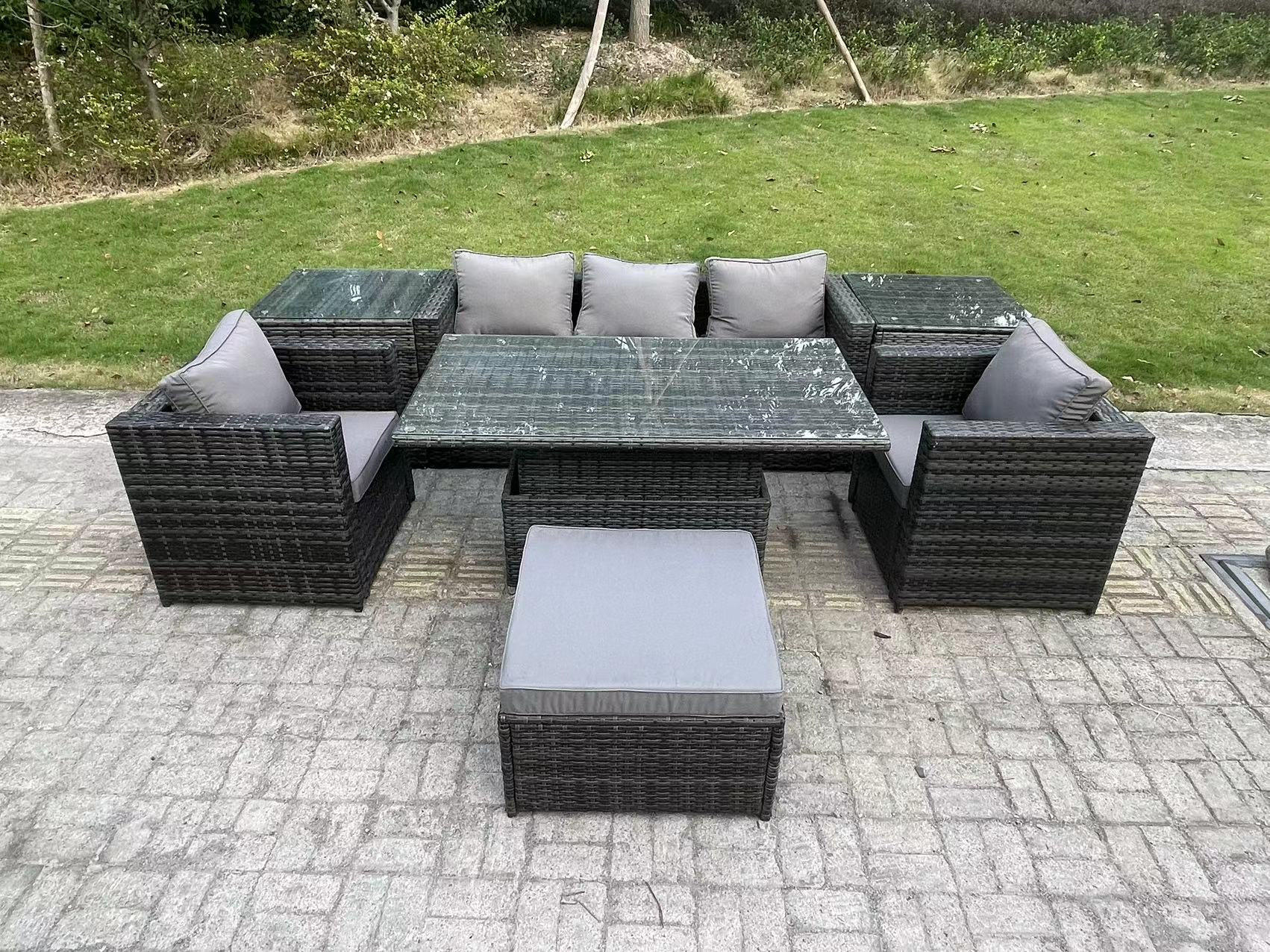 GARTENSOFA Hohe Rückenlehne Polyrattan 5-Sitzer - Dunkelgrau/Grau, Glas/Kunststoff - Fimous