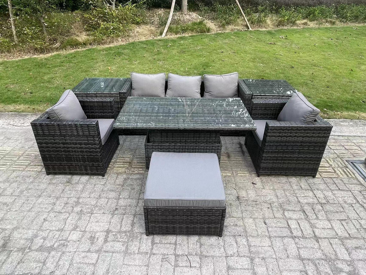 GARTENSOFA Hohe Rückenlehne Polyrattan 5-Sitzer - Dunkelgrau/Grau, Glas/Kunststoff - Fimous