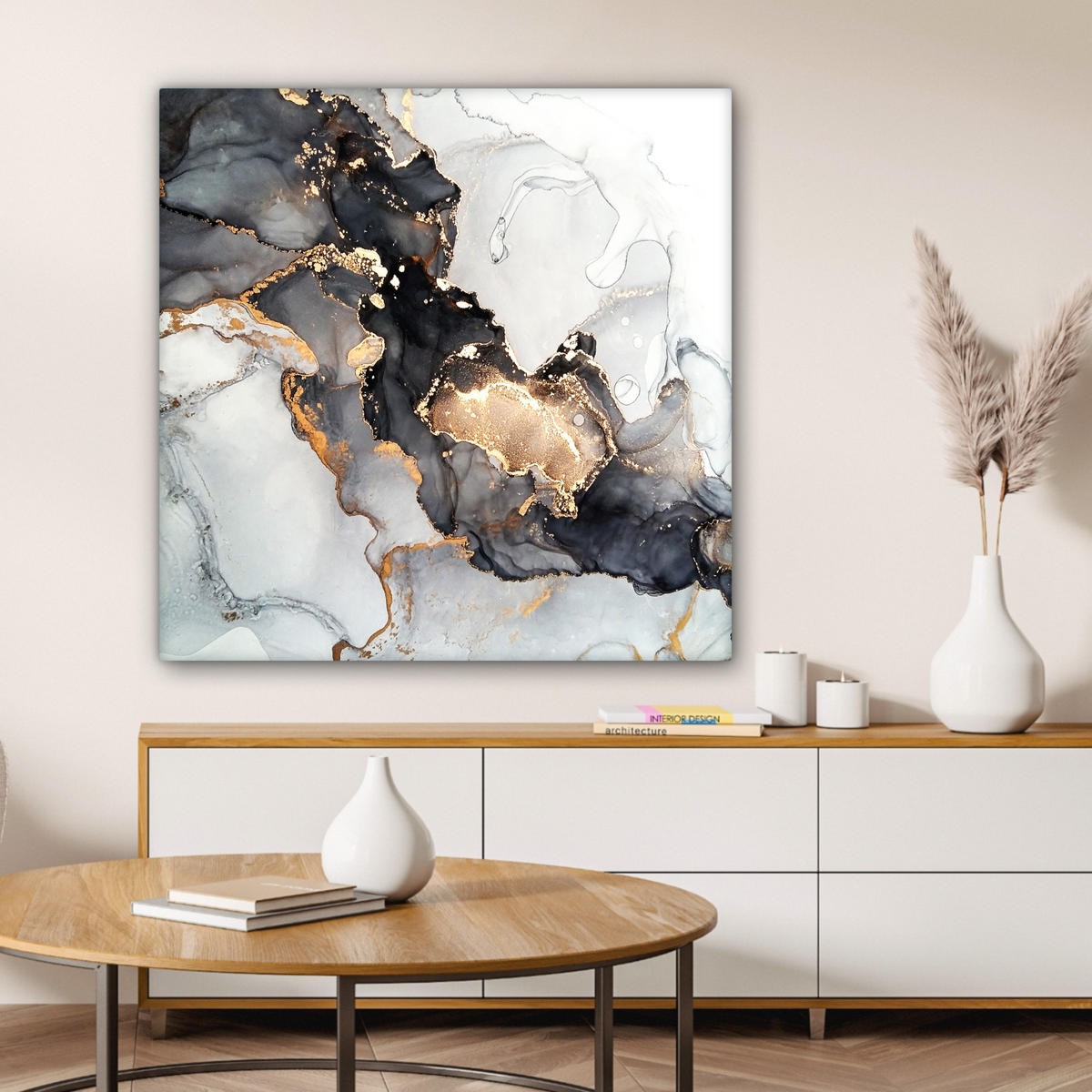 LEINWANDBILD Marmor - Schwarz - Weiß - Gold - Luxus - Abstrakt 90x90 cm - Goldfarben, Textil (90/90cm) - MuchoWow