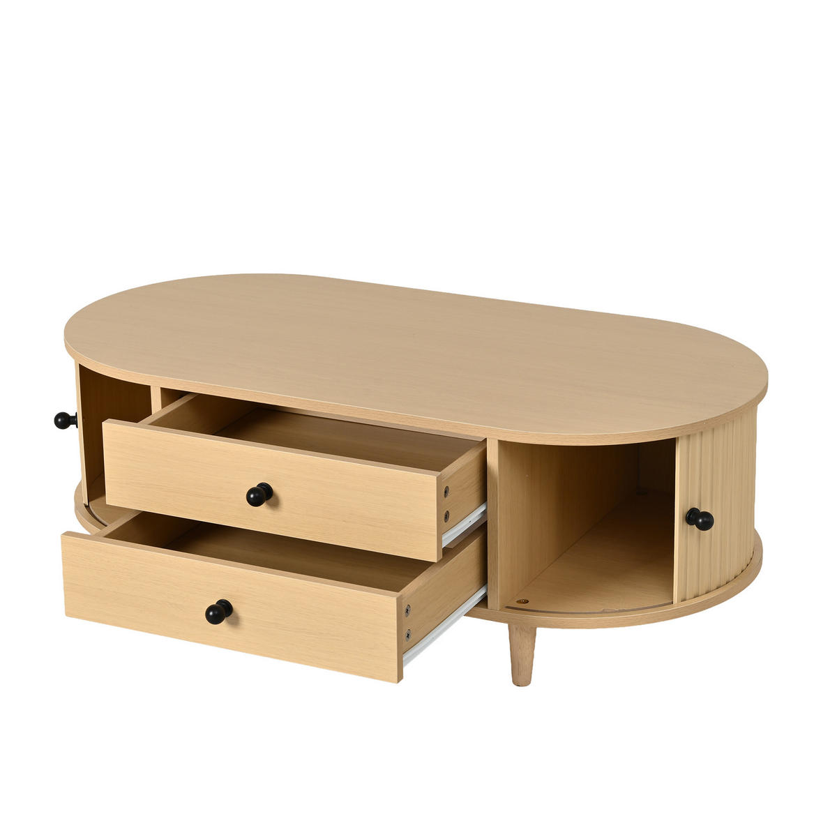COUCHTISCH mit seitlichen Rolltür 2 Schubladen kompakt stabil heller Holzton 100/50/36 cmMDF/Massivholzbeine - Hellbraun, Holzwerkstoff (100/50/36cm) - EVRYAE