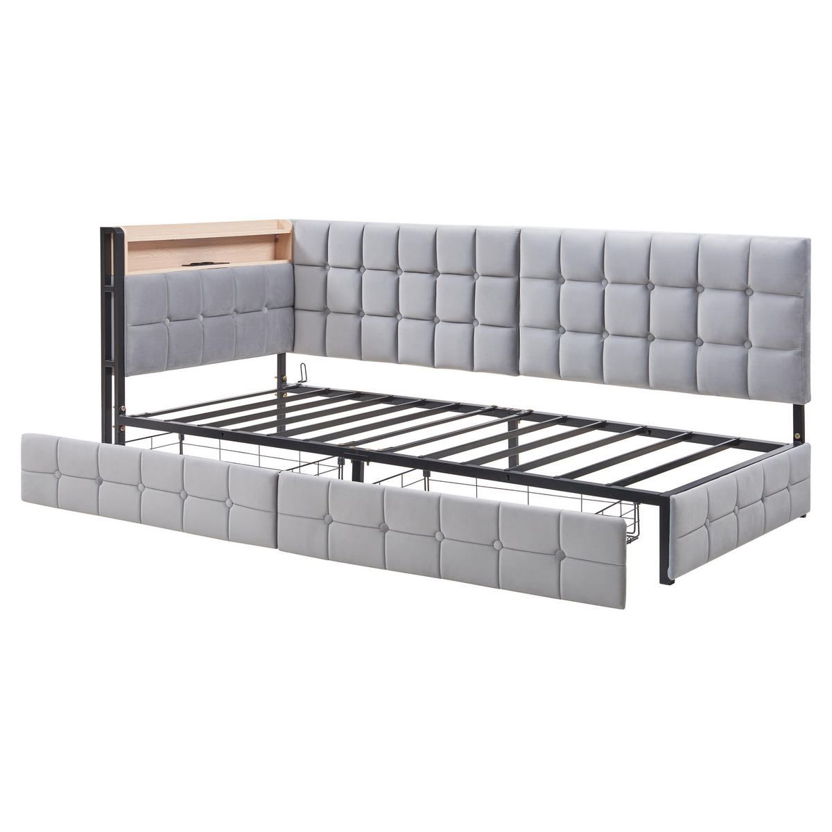 POLSTERBETT 90/200 cm grau mit 2 Schubladen und LED-Nachttischlampe - Grau, Textil (90/200cm) - OKWISH