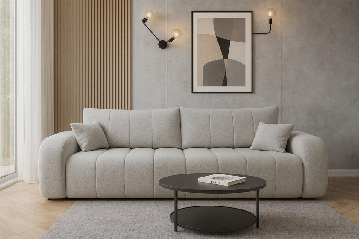 SCHLAFSOFA ALOO, Sofa mit Schlaffunktion und Bettkasten, Farbe: Hellgrau, Bouclé-Stoff - Hellgrau, Textil (248/88/105cm) - Sepro Meble