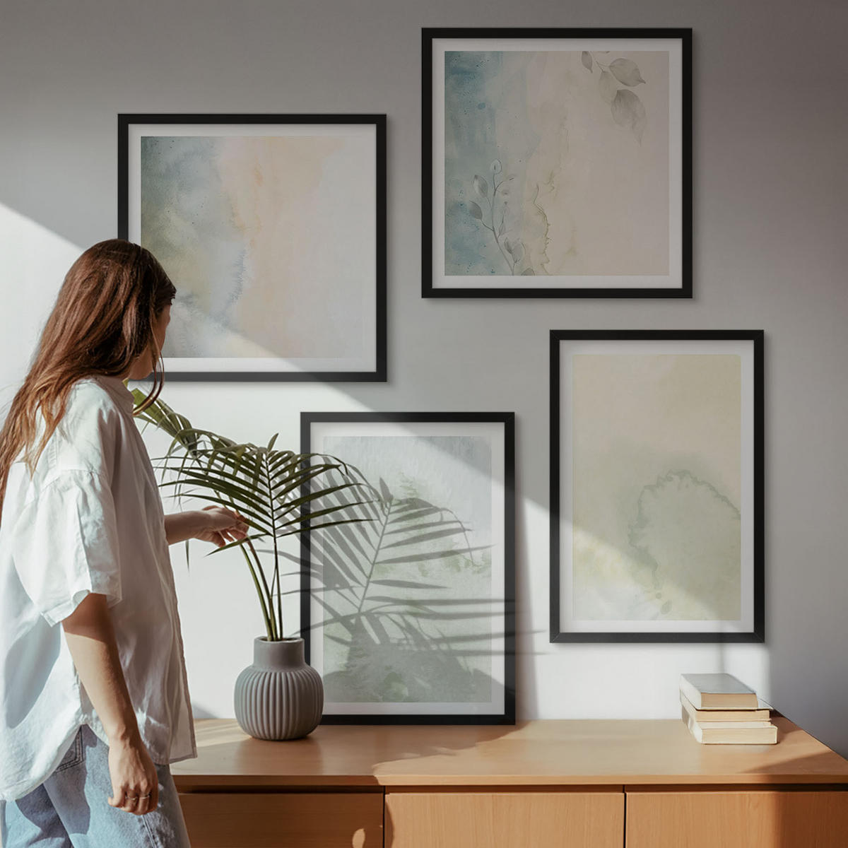 BILDER SET 4er Set - 50x50 cm & 40x60 cm Schwarzer Rahmen - Pastellfarbene Aquarell-Leinwandtextur - Schwarz, Kunststoff (50/50cm) - TULUP