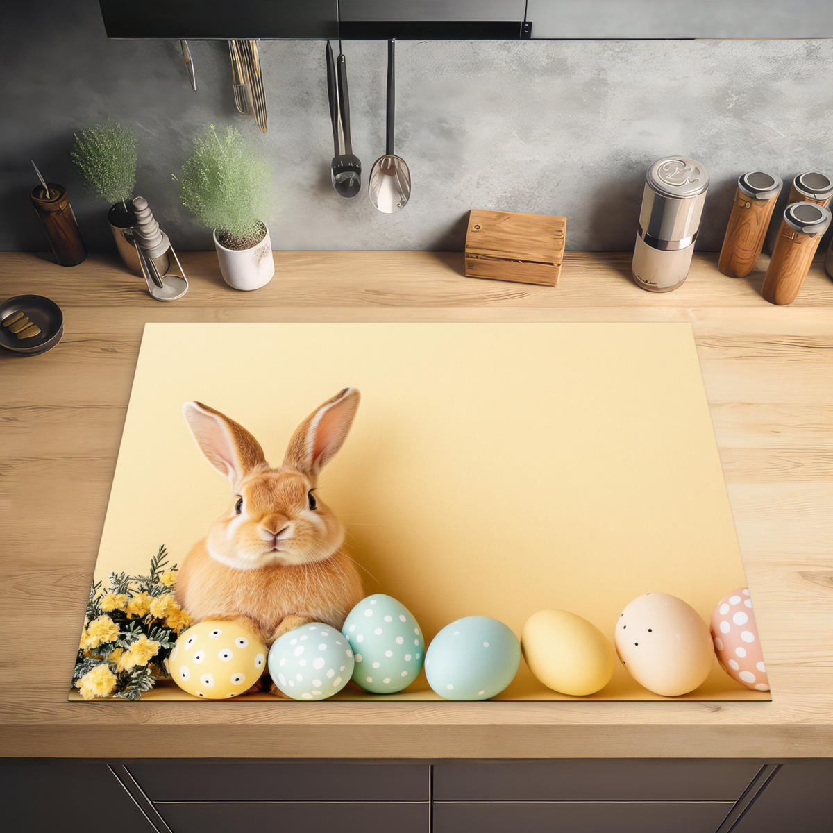 HERDABDECKPLATTE Eier - Kaninchen - Pastellfarbtöne Induktionsmatte 77x59 cm - Hellgelb, Kunststoff (77/59/0.2cm) - MuchoWow