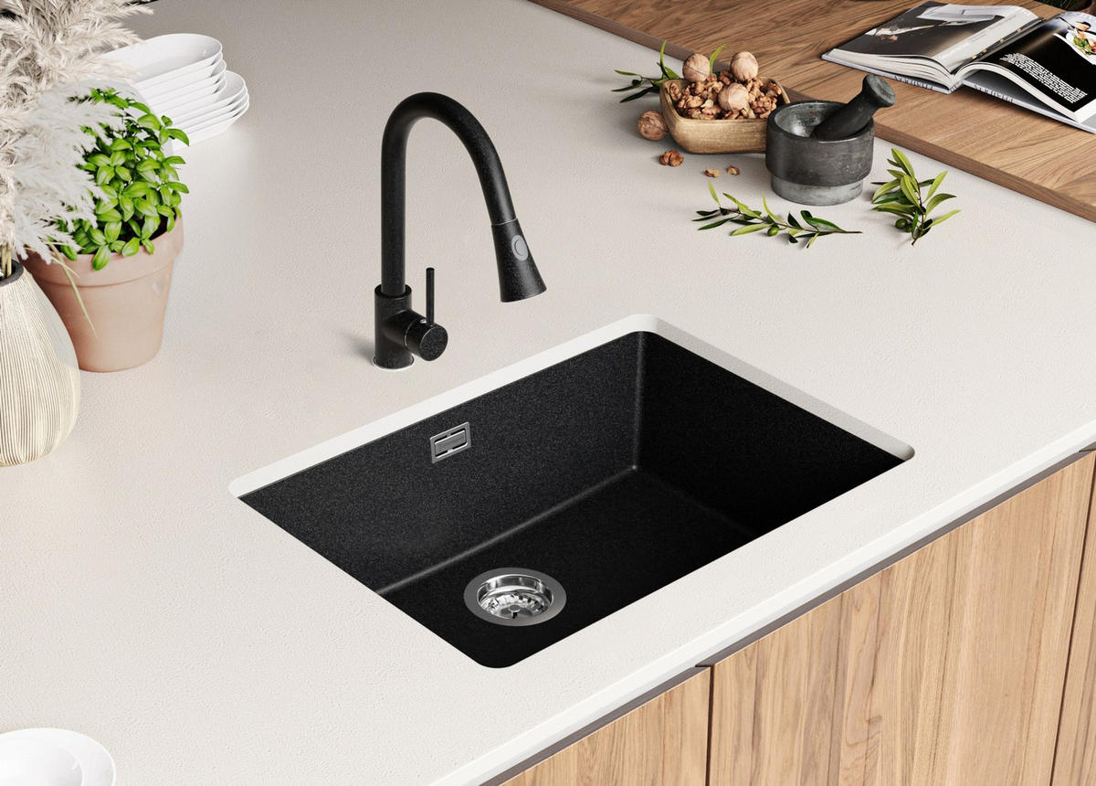 UNTERBAUSPÜLE GRANIT London, 2-er set Anthrazit 66/47 cm, 1 Becken + Ablauf-Set ab 70er Unterschrank - Chromfarben/Anthrazit, Kunststoff (66/20/47cm) - Primagran