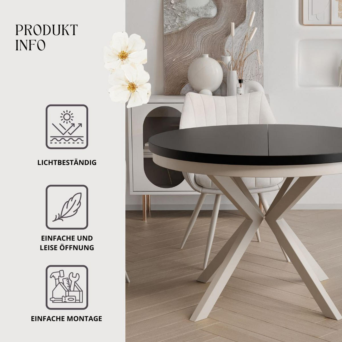 AUSZIEHTISCH MILTON 90-166/76 cm mit Metallgestell, Kaschmir / Schwarz Molet - Kaschmir/Schwarz, Holzwerkstoff/Metall (90/90/76cm) - Idohome