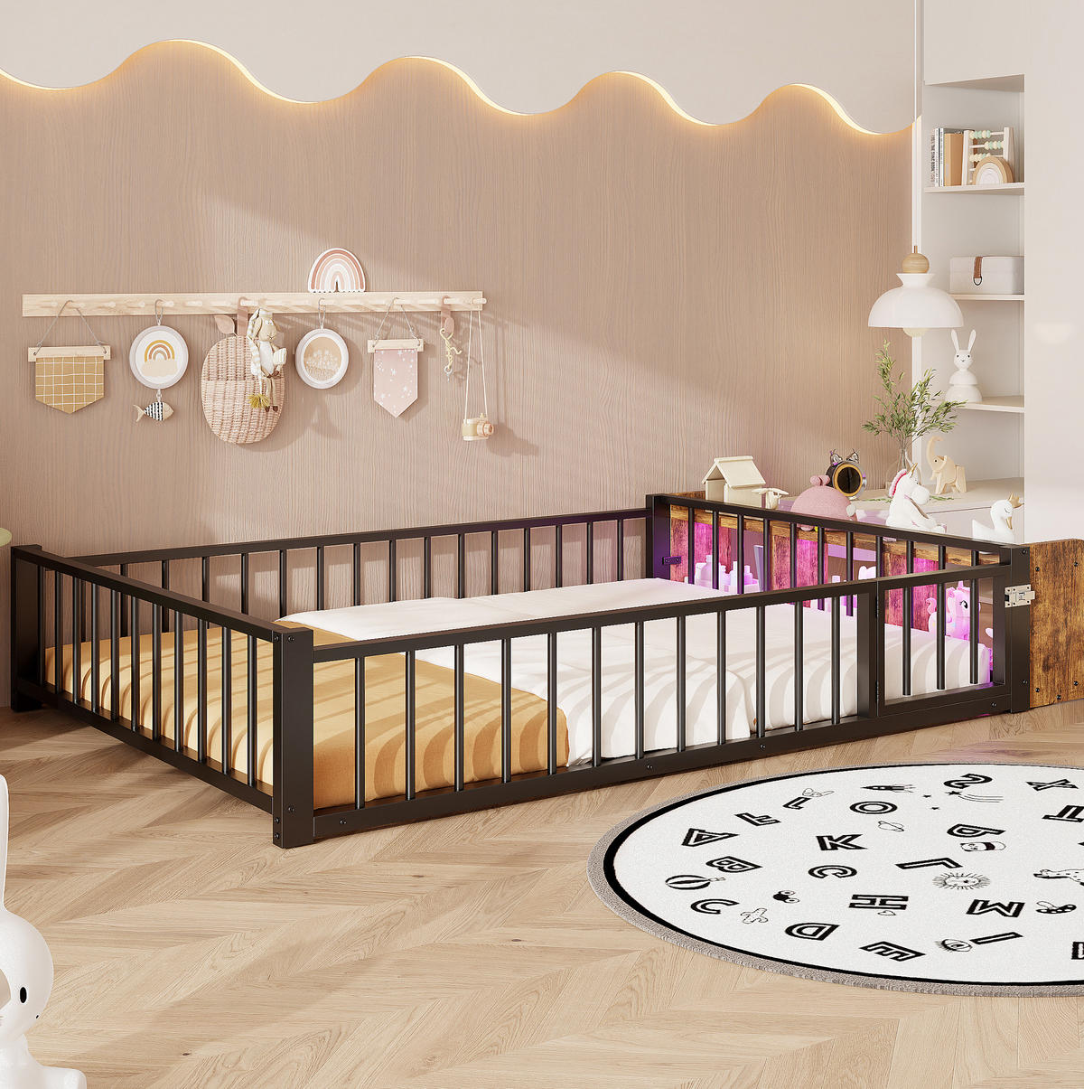 KINDERBETT aus Metall und MDF 140x200 cm Schwarz mit Schutzgeländer, LED-Beleuchtung und Staufach - Schwarz, Holzwerkstoff (140/200cm) - IVMEU
