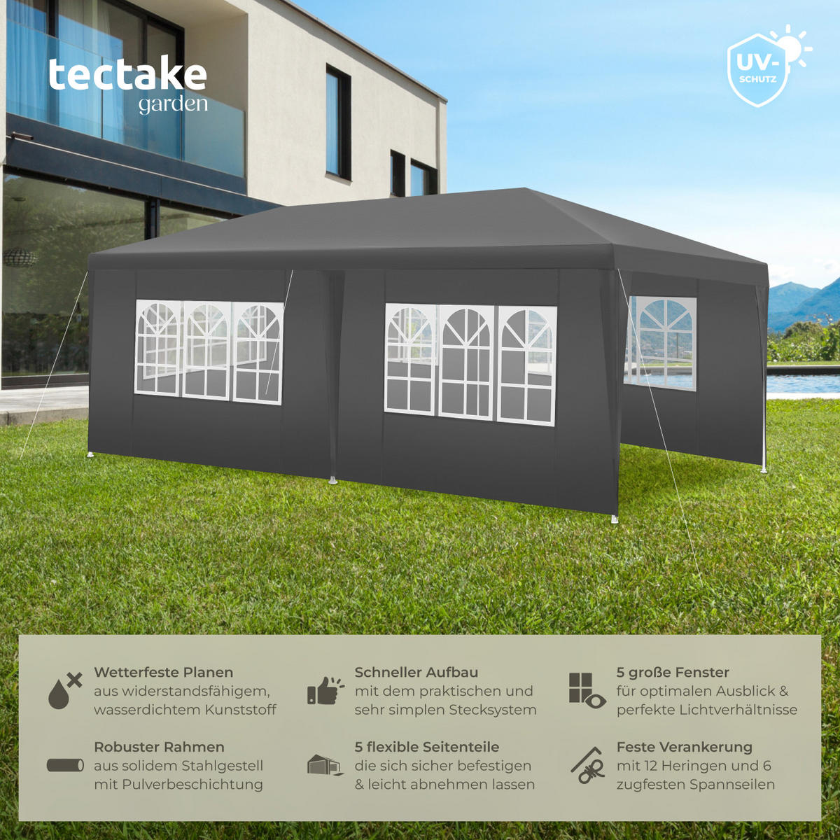 PAVILLON Novara,wasserdicht,grau - Grau, Kunststoff (300/250/600cm) - tectake