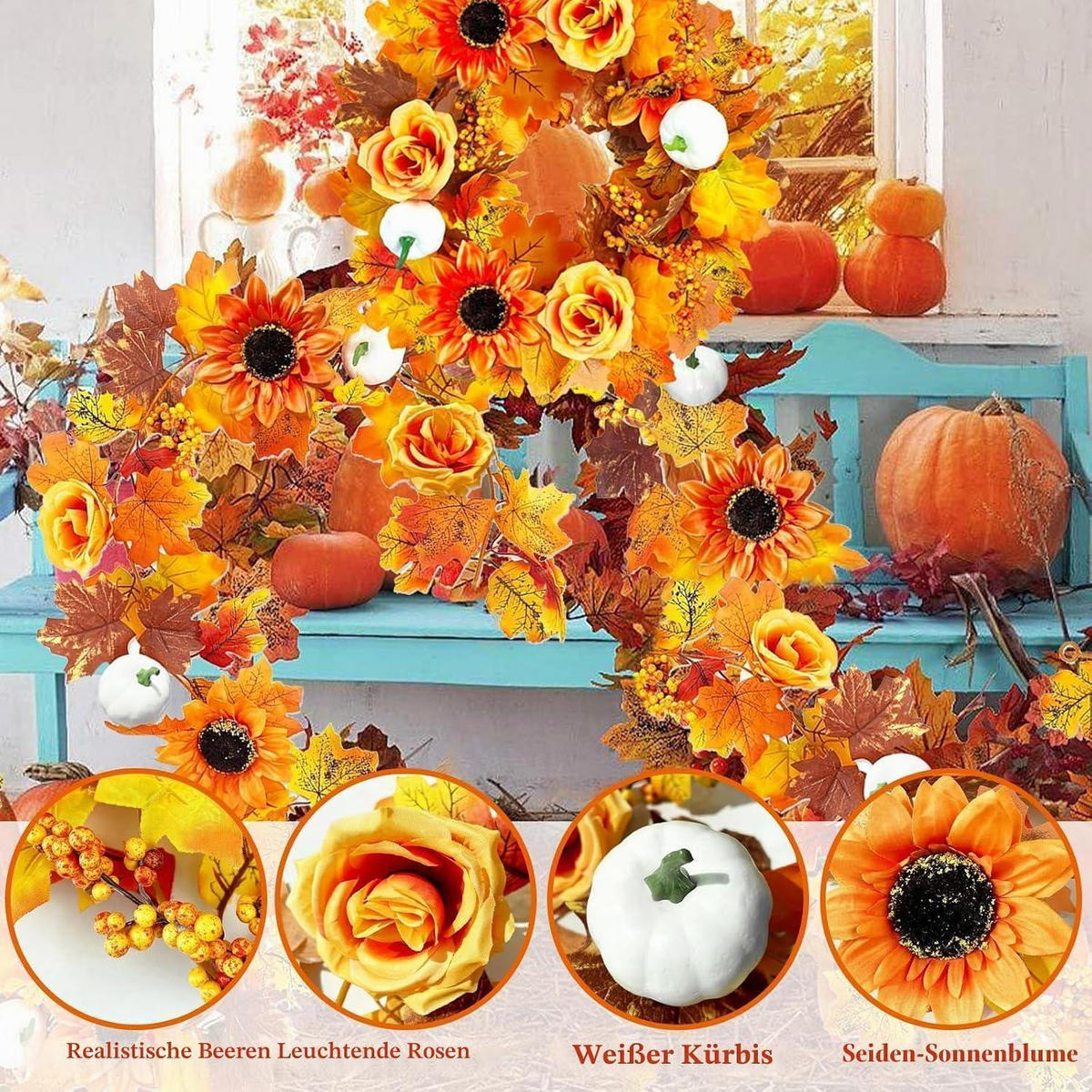 KÜNSTLICHE Herbstgirlande Ahornblätter, Hängepflanze - Multicolor, Kunststoff (10cm)