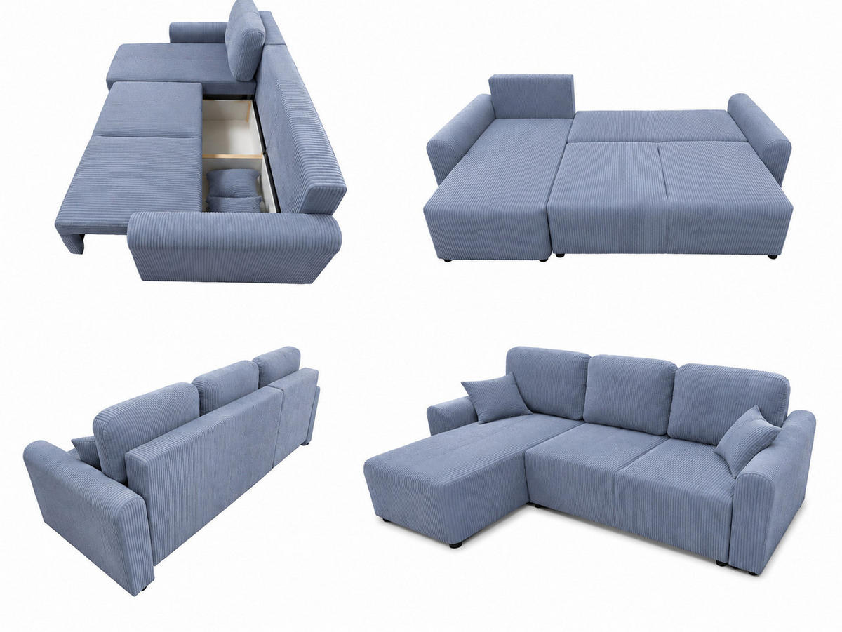ECKSOFA HENRY in Stahlgrau mit Schlaffunktion und Bettkasten - Hellgrau, Textil (232/150cm) - KS Home Concept