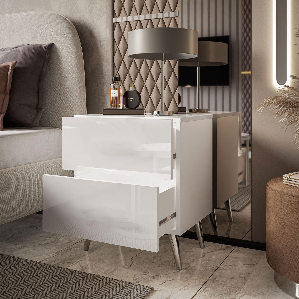 NACHTTISCH AURA LUX PUSH OPEN auf Beinen – Beinfarbe: Chrom - Weiß, Holzwerkstoff (45/55/38.5cm) - Lookway