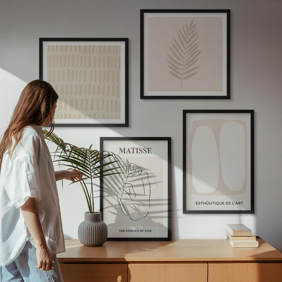 BILDER SET 4er Set - 50x50 cm & 40x60 cm Schwarzer Rahmen - Linien, Formen, Beige, Weiß - Schwarz, Kunststoff (50/50cm) - TULUP