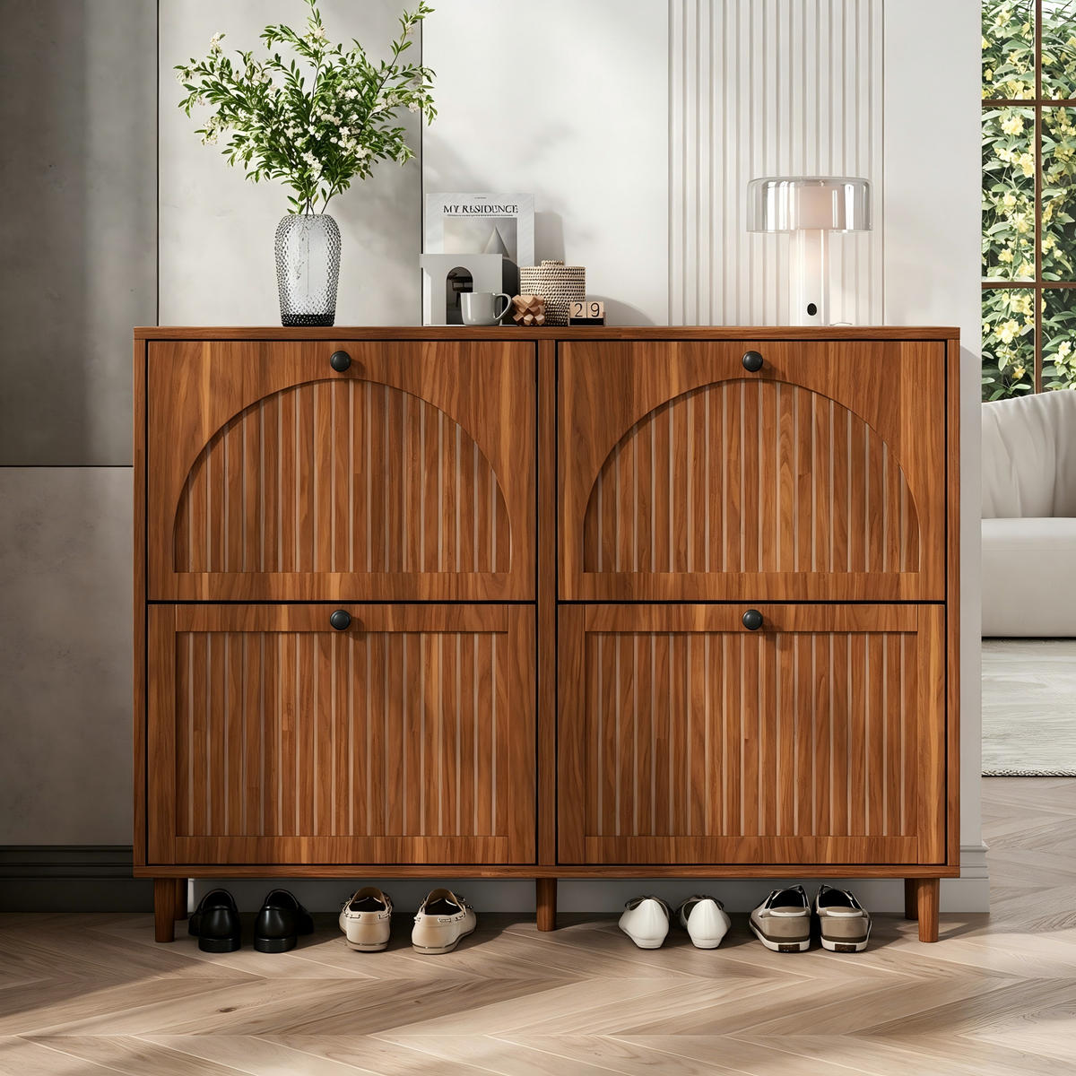 SCHUHSCHRANK in Walnussfarben mit 4 Kipptüren mit 8 Fächern für Flur, B120/T24/H90 cm - Walnussfarben, Holzwerkstoff (120/90/24cm) - STILVORA