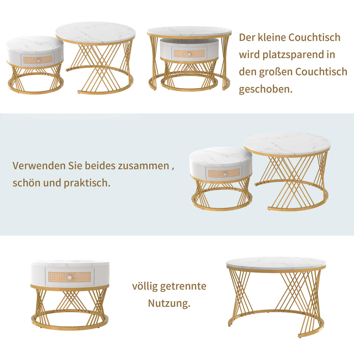 COUCHTISCH-SET in Weiß und Gold mit Schubladen und Marmoroptik für Wohnzimmer, B70/T70/H45,5 cm - Goldfarben/Weiß, Holzwerkstoff/Metall (70/70/45.5cm) - STILVORA