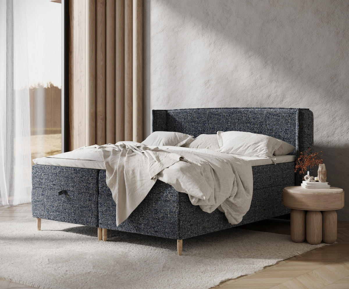 BOXBETT Monpelli Marineblau 140/200 cm im Webstoff - Naturfarben/Dunkelblau, Holz/Holzwerkstoff (140/200cm) - Maison de Reve