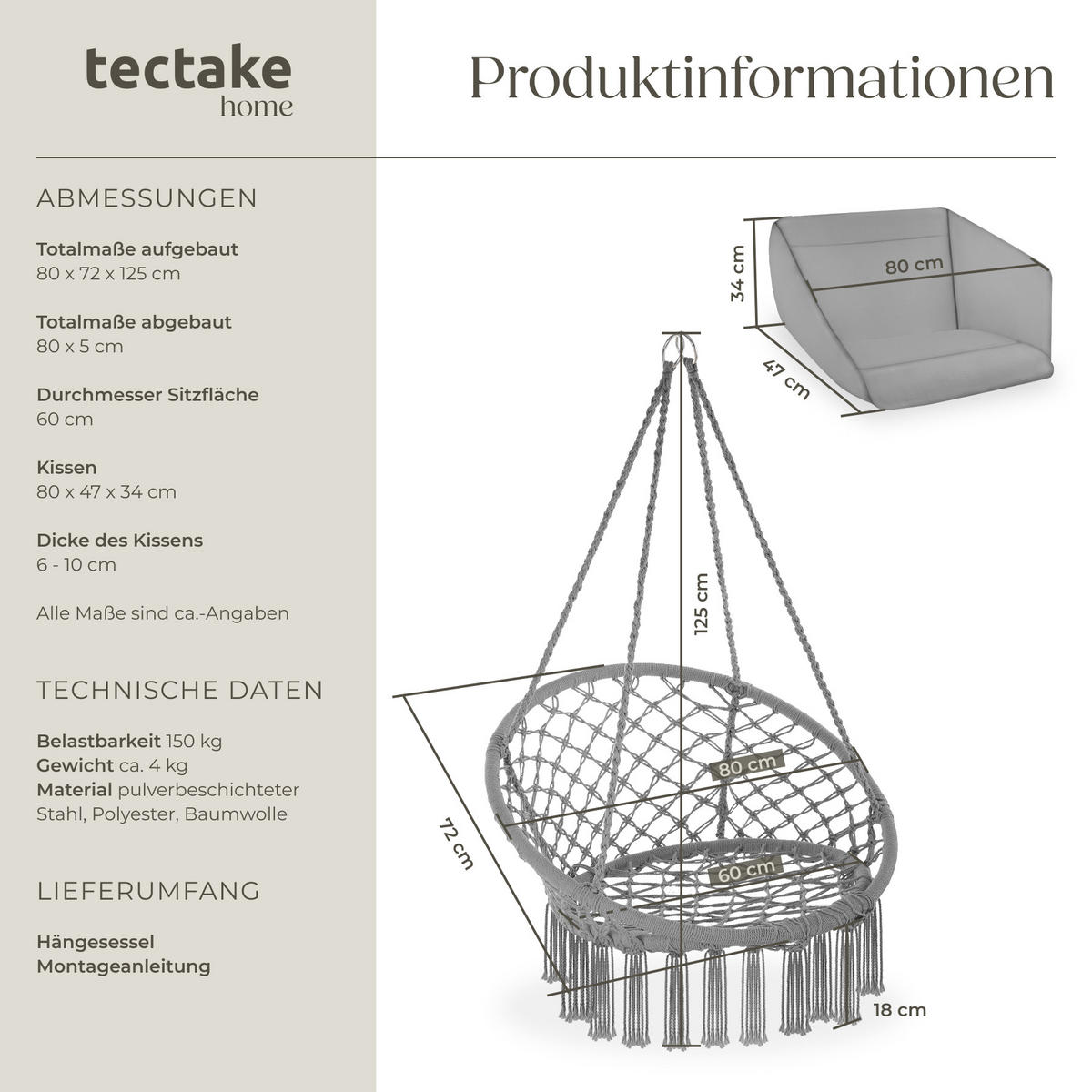 HÄNGESESSEL Grazia,80 x 72 x 125 cm,grau - Grau, Kunststoff/Metall (80/125/72cm) - tectake