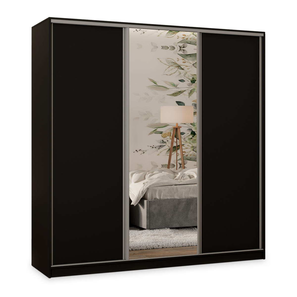 SCHWEBETÜRENSCHRANK TARI 180/205/58 cm 3-türig mit Spiegel und Schubladen Schwarz - Silberfarben/Schwarz, Holzwerkstoff (180/205/58cm) - MASSENO