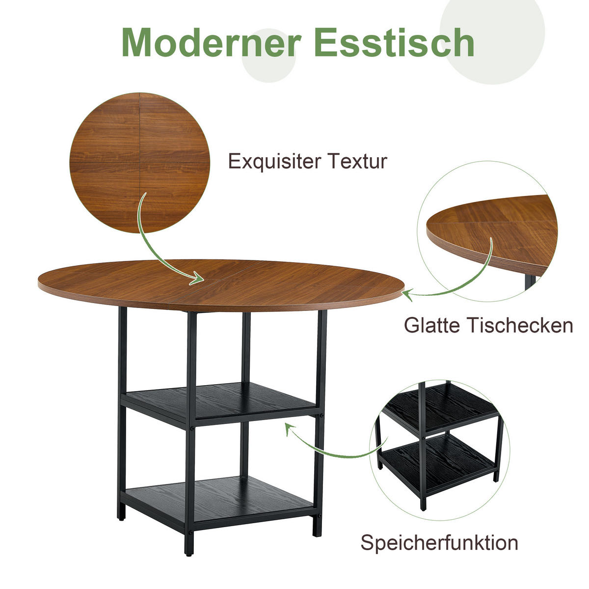 JEDÁLENSKÝ stôl, priemer 107 cm, MDF v orechovom dekore, čierny kovový rám - čierna, kompozitné drevo (107/107/75cm) - BEAOK