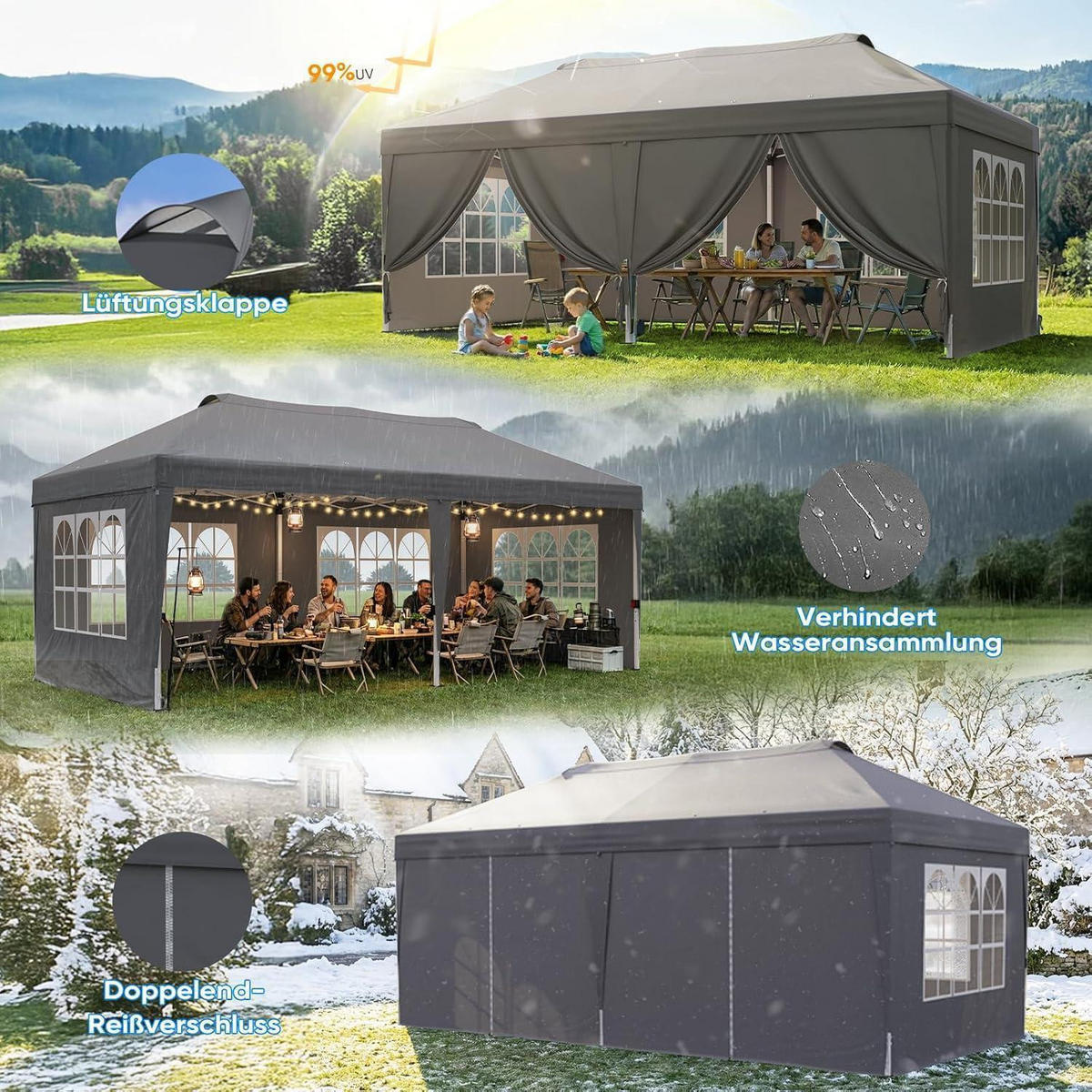 FALTPAVILLON 3x6m mit 6 Seitenwänden Grau Bogenfenster - Grau, Metall (585/285/293cm)
