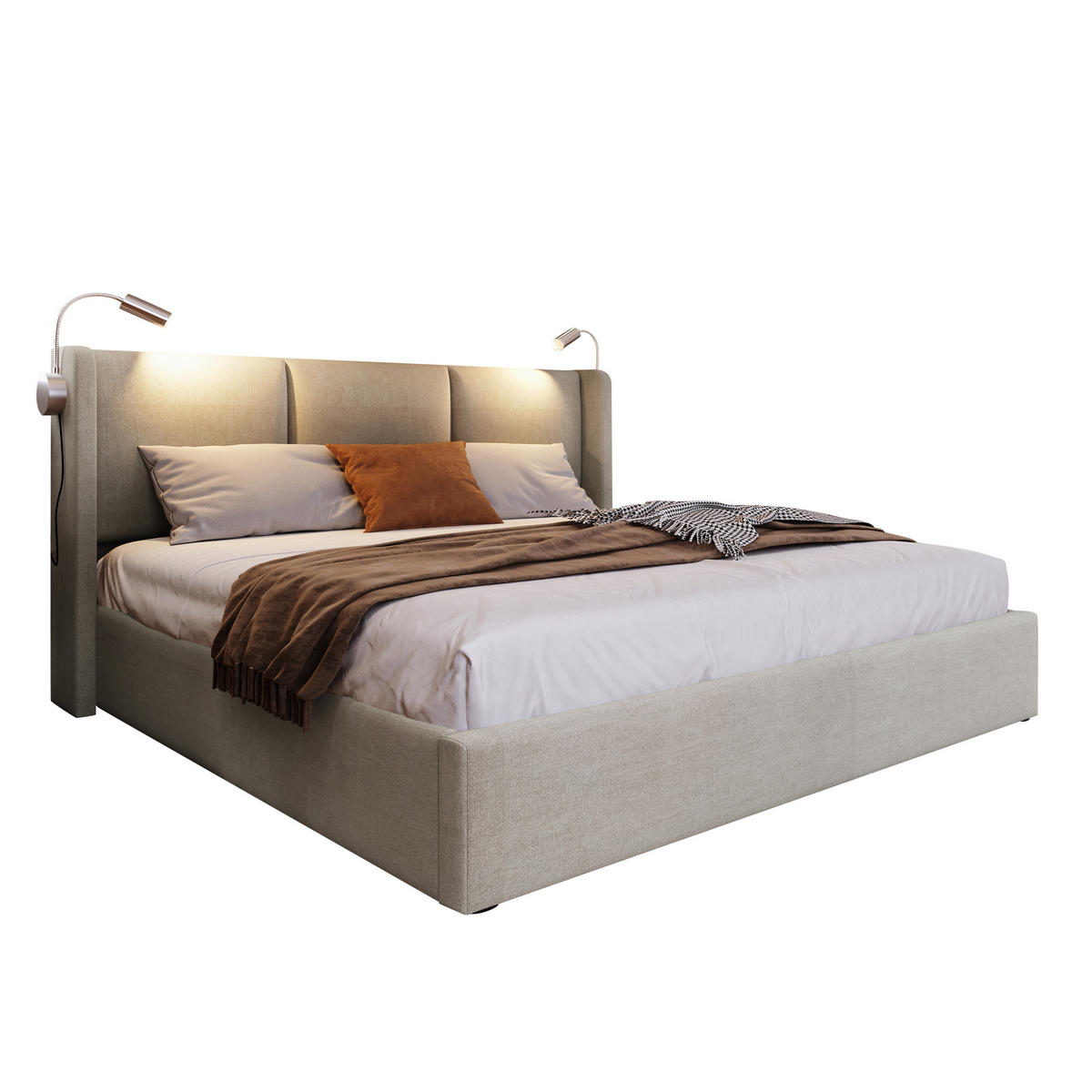 POLSTERBETT 140/200 cm Beige mit Leselampe und USB-Ladefunktion - Beige, Textil (140/200cm) - OKWISH