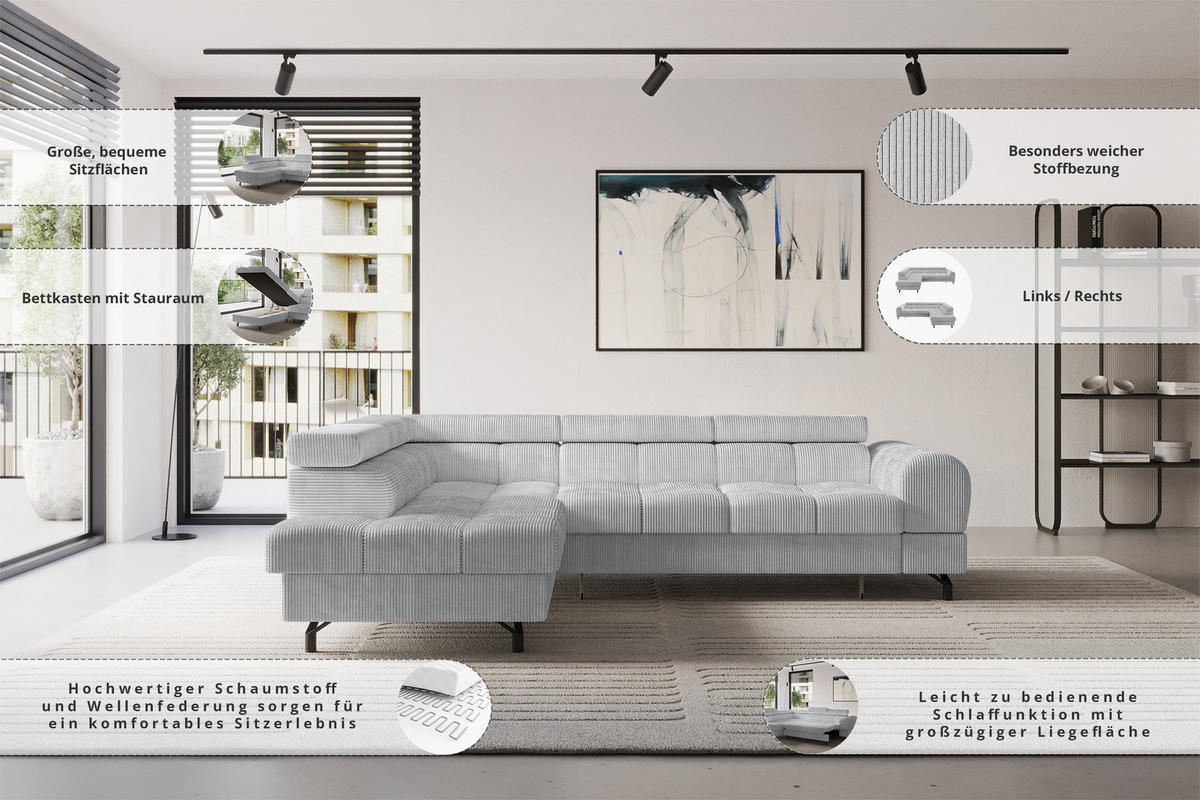 ECKSOFA mit Schlaffunktion Ottomane Links LUMA-L 272x203x70 Braun Bouclé - Dunkelbraun/Schwarz, Holzwerkstoff/Kunststoff (272/203cm) - ALTDECOR