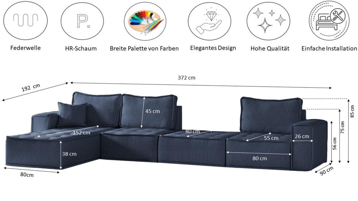 BOHOO modulare Ecke XL Blau Rechts - Blau, Holz (382/192cm) - Kaiser Möbel