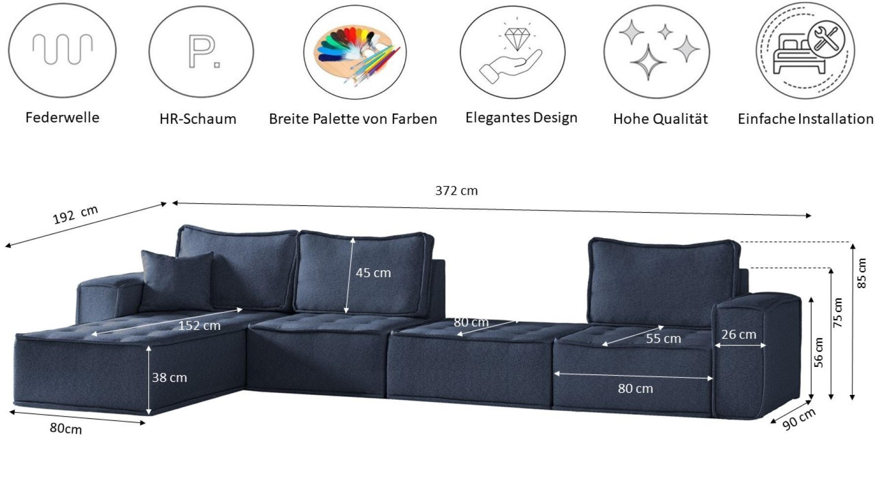 Thumbnail - Kaiser Möbel Bohoo, Blau, Holz, Füllung: Komfortschaum, L-Form,L-Form, 382x192 cm, Wohnzimmer, Sofas & Couches, Wohnland...