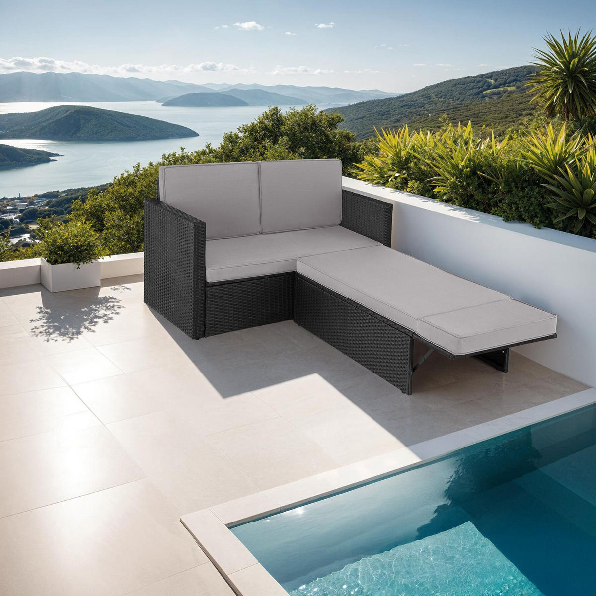 RATTANLOUNGE Korfu, Hocker mit klappbarer Stütze, schwarz/grau - Schwarz/Grau, Kunststoff - tectake