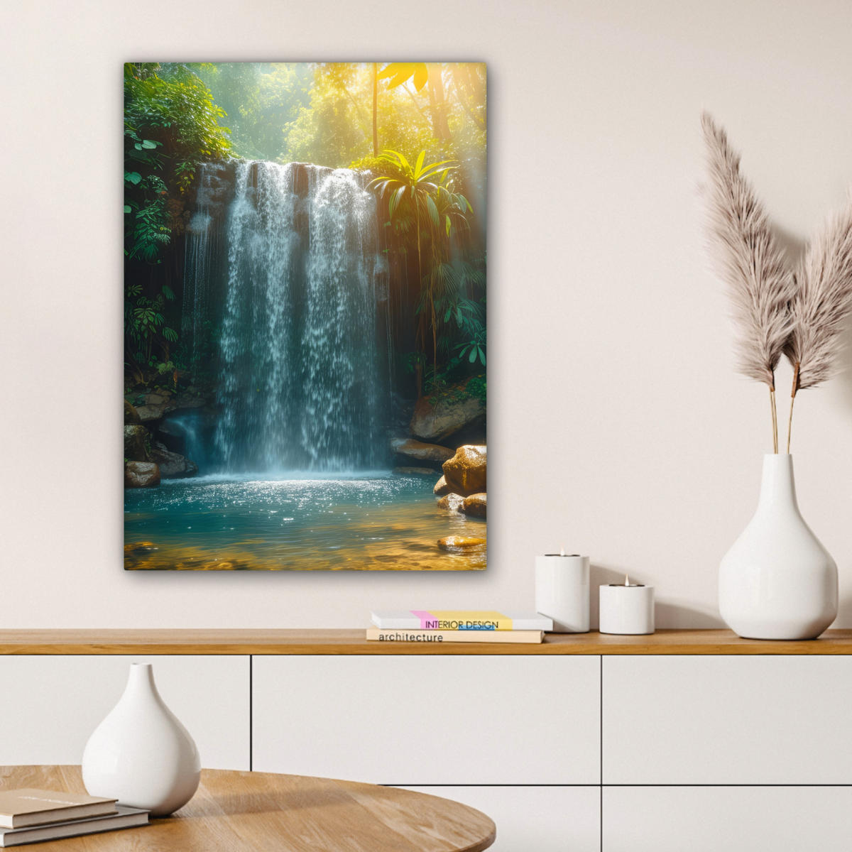 OBRAZ NA PLÁTNĚ Vodopád - Džungle - Slunce - Zelená - Příroda 60x80 cm - zelená barva, textil (60/80cm) - MuchoWow