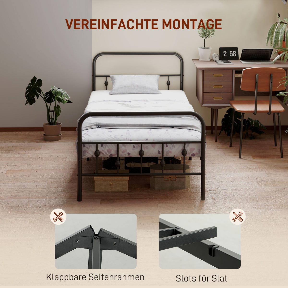 BETTRAHMEN für Matratze 200 x 90 cm, 82,5 cm hoch Metallbett, Schwarz - Schwarz, Metall - HOMCOM