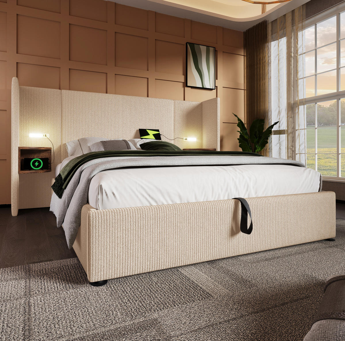 ČALÚNENÁ posteľ 160/200 cm z manšestra, béžovo-biela s LED lampou, USB-C a úložným priestorom - béžová, textil (160/200cm) - BEAOK