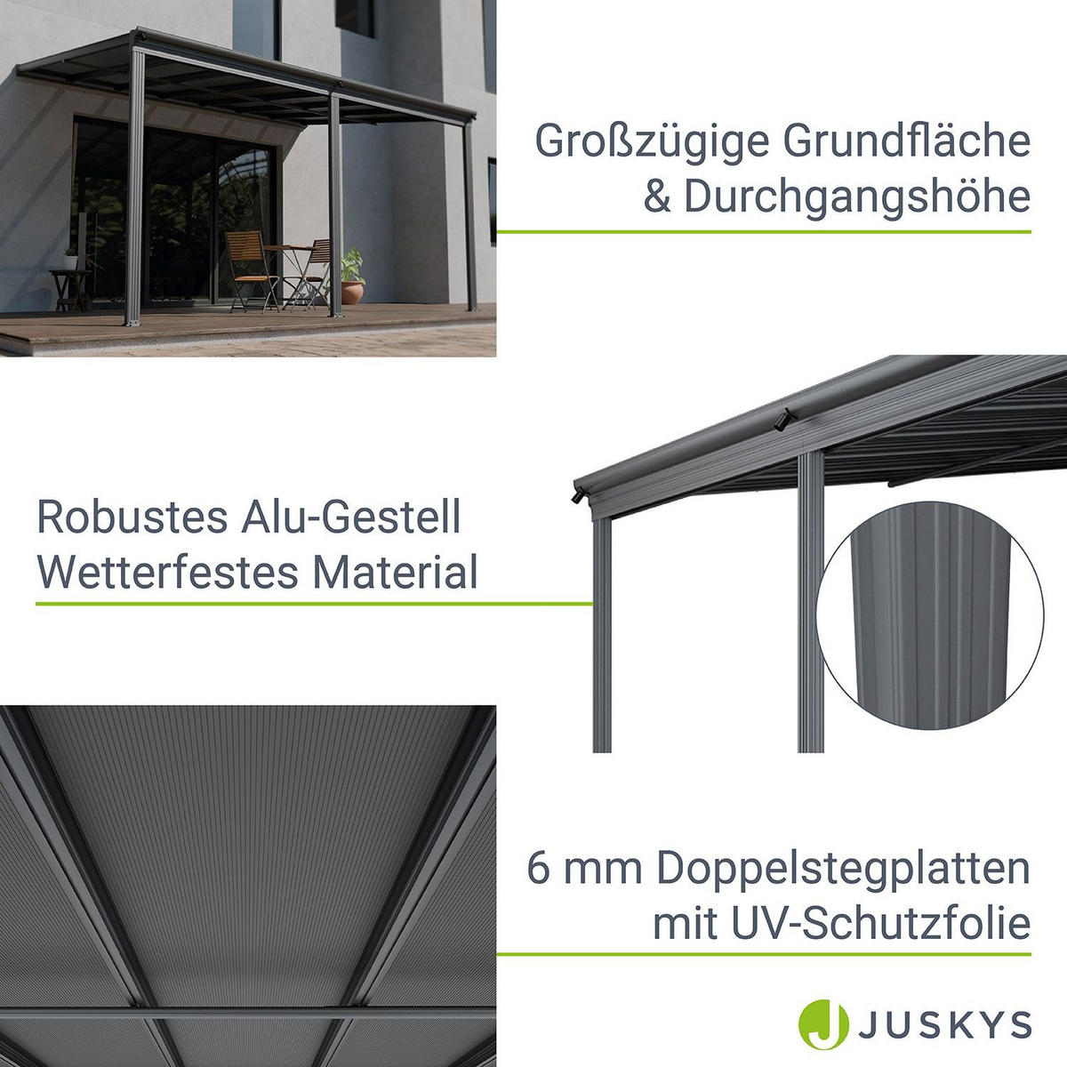 TERRASSENDACH Borneo Aluminium 4x3m dunkelgrau - Dunkelgrau, Metall (435/278/303cm) - Juskys