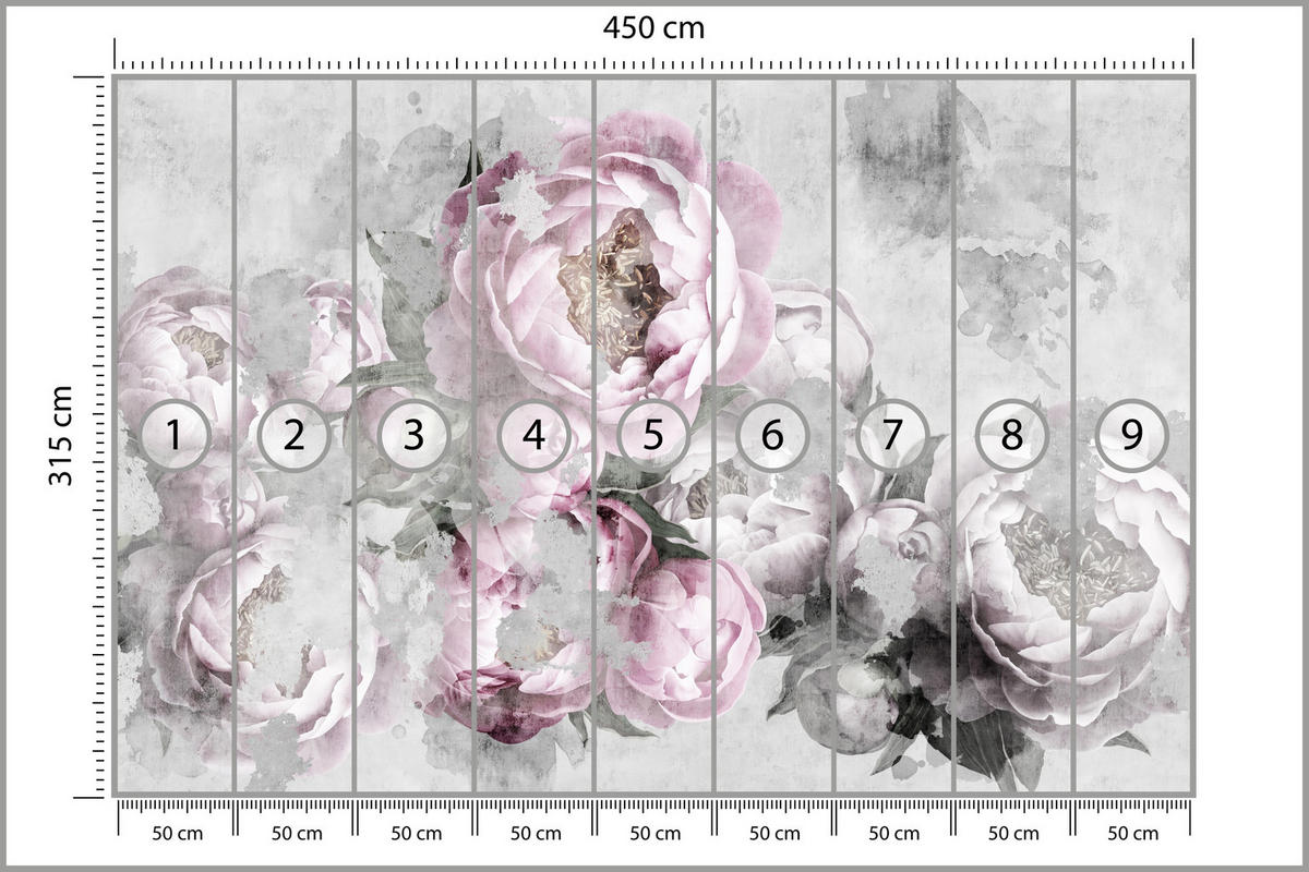 FOTOTAPETE für Küche Abstrakte Pink Pfingstrosen Beton Vintage 450x315 - Rosa/Grau, Papier (450/315cm) - Muralo