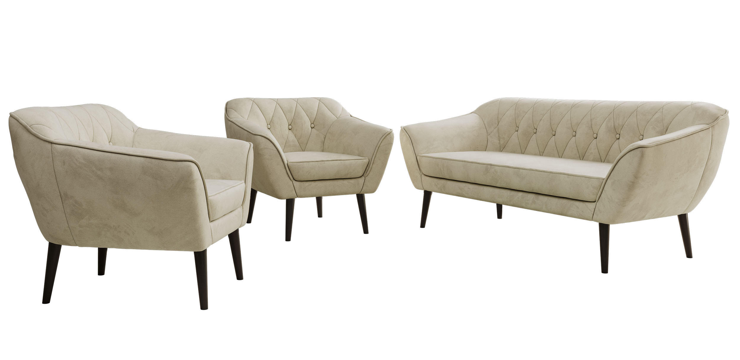 SITZGARNITUR PIRS 3+1+1 - Beige Velvet - Schwarze Beine - Beige/Schwarz, Holzwerkstoff/Textil (180/75/74cm) - MKS