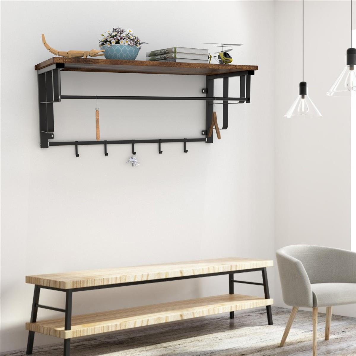 WANDGARDEROBE mit abnehmbaren Haken 60/30/27 cm - Braun, Metall (30/27/60cm) - Intirilife