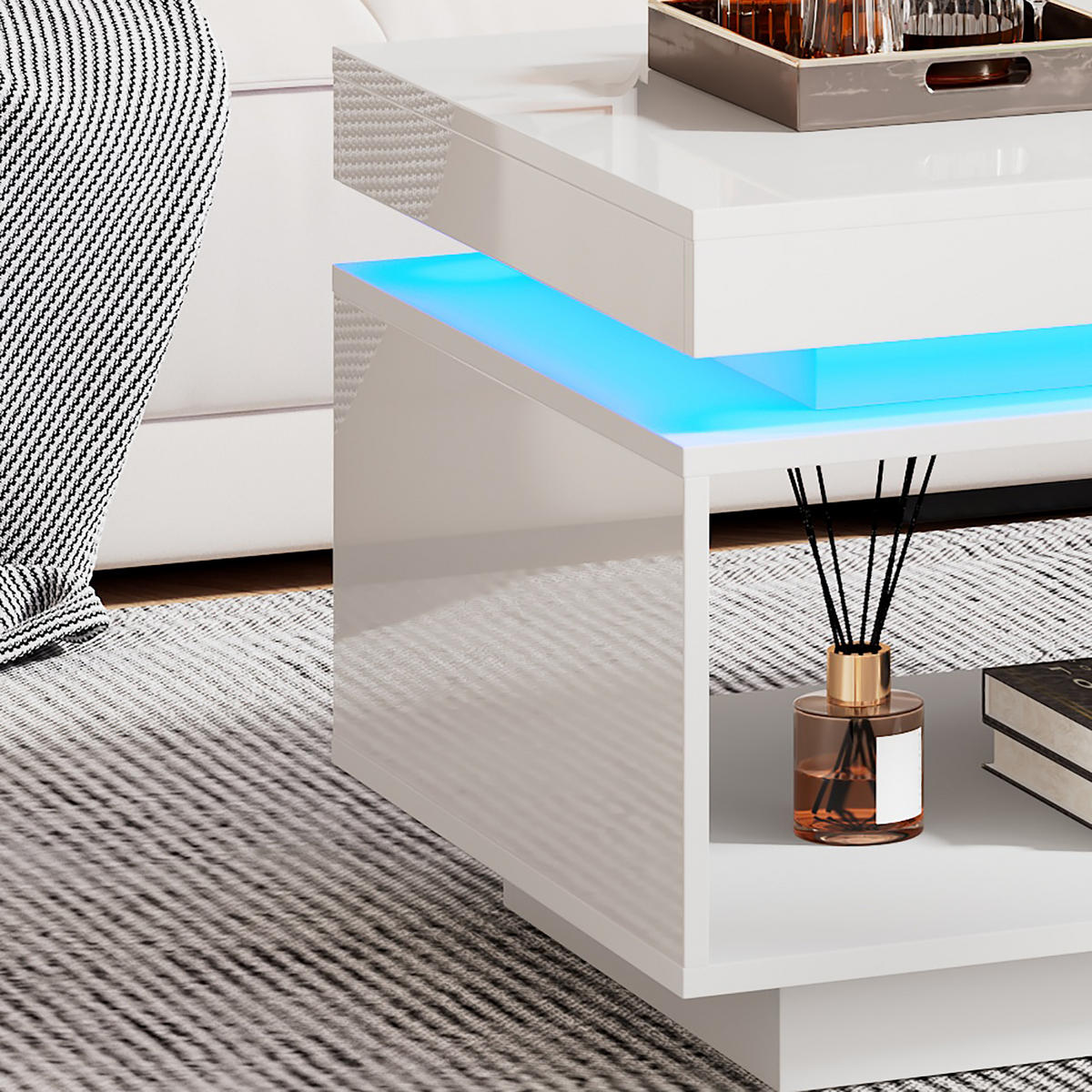 COUCHTISCH 100/50/40,3 cm in Weiß aus Spanplatte mit LED-Beleuchtung und Schublade - Weiß, Holzwerkstoff (50/100/40cm) - CHICFURN