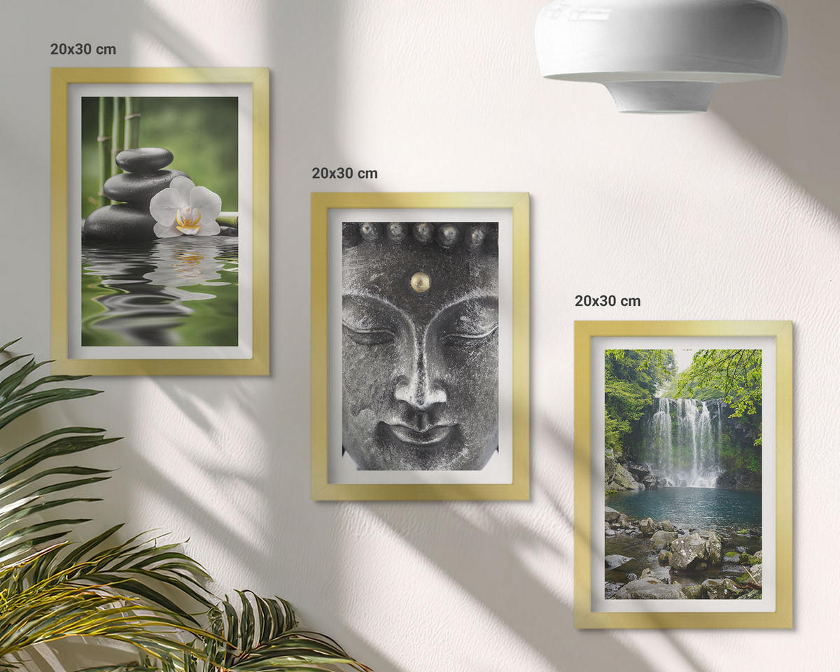 BILDER SET 3er Set - 20x30 cm Goldrahmen - Harmoniesteine Wasser Buddha - Goldfarben, Kunststoff (20/30cm) - TULUP