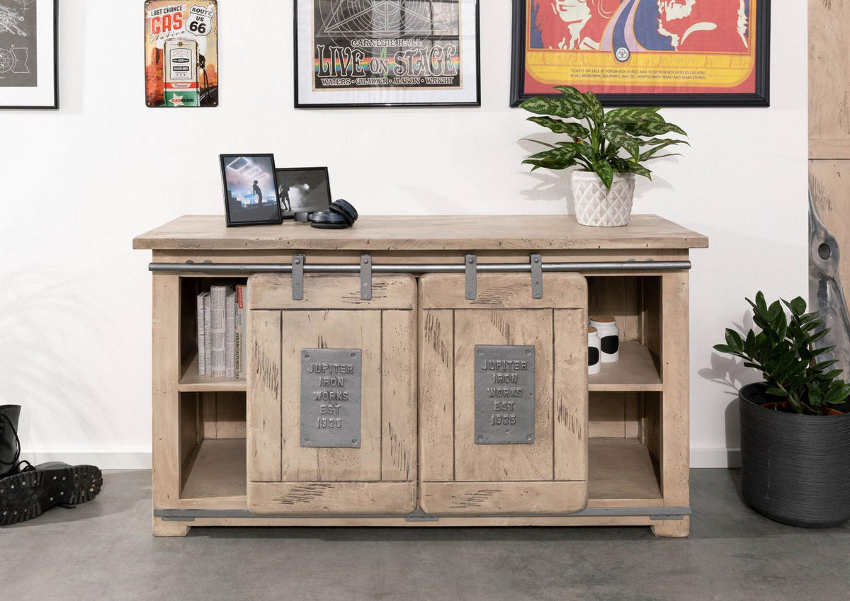 SIDEBOARD Mango 128x45x70 whitewash lackiert RAILWAY #302 - Beige, Holz (128/70/45cm) - Massivmoebel24