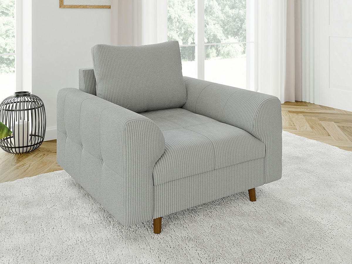 SITZGARNITUR 3+2+1 Alma Hellgrau Cord - Hellgrau/Schwarz, Holz/Textil (210/81/93cm) - S-Style Möbel