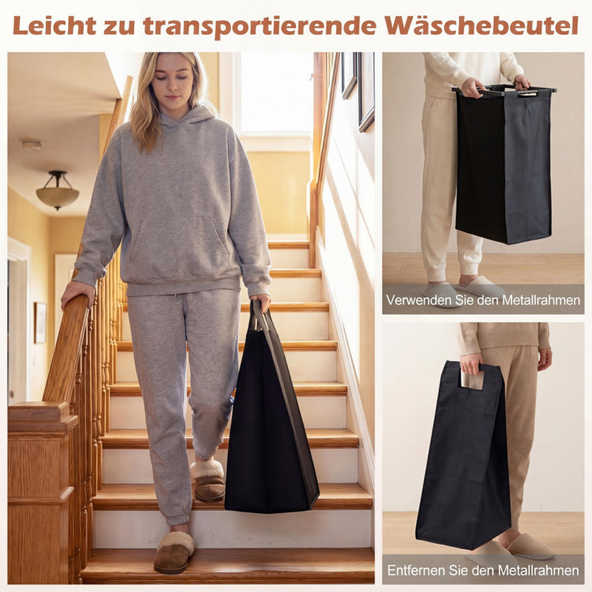 WÄSCHEKORB mit Wäschesäcken schwarz - Schwarz, Metall (92.5/93.5/33cm) - COSTWAY
