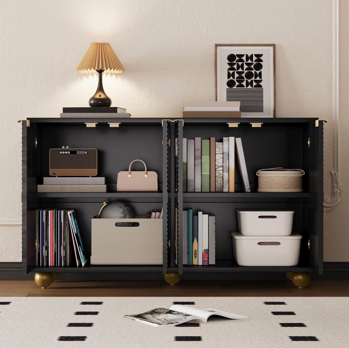 SIDEBOARD 120/35/71,5 cm in Schwarz mit 4 Türen und verstellbaren Innenböden - Schwarz, Holzwerkstoff (120/71.5/35cm) - Flora Grace