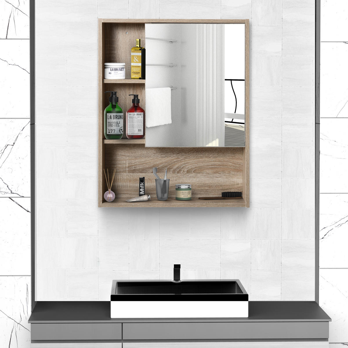 SPIEGELSCHRANK, 5 Fächer und verstellbarer Einlegeboden, 60 x 15 x 76 cm ,Eiche - Braun, Glas (60/76/15cm) - Vallsero