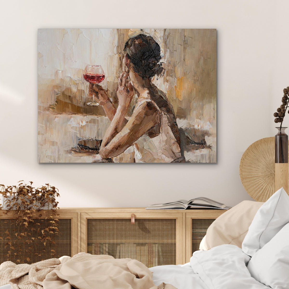 KOVOVÝ OBRAZ Olejomaľba - Žena - Víno 80x60 cm - svetlohnedá, kov (80/60cm) - MuchoWow
