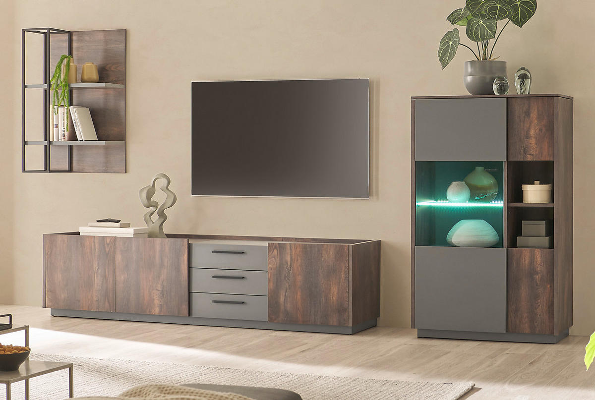 WOHNWAND Thermo Eiche, grau, Set 2-teilig mit XXL TV-Lowboard und Soft-Close - Eichefarben/Grau, Holzwerkstoff/Metall (316/180/45cm) - Furn.Design