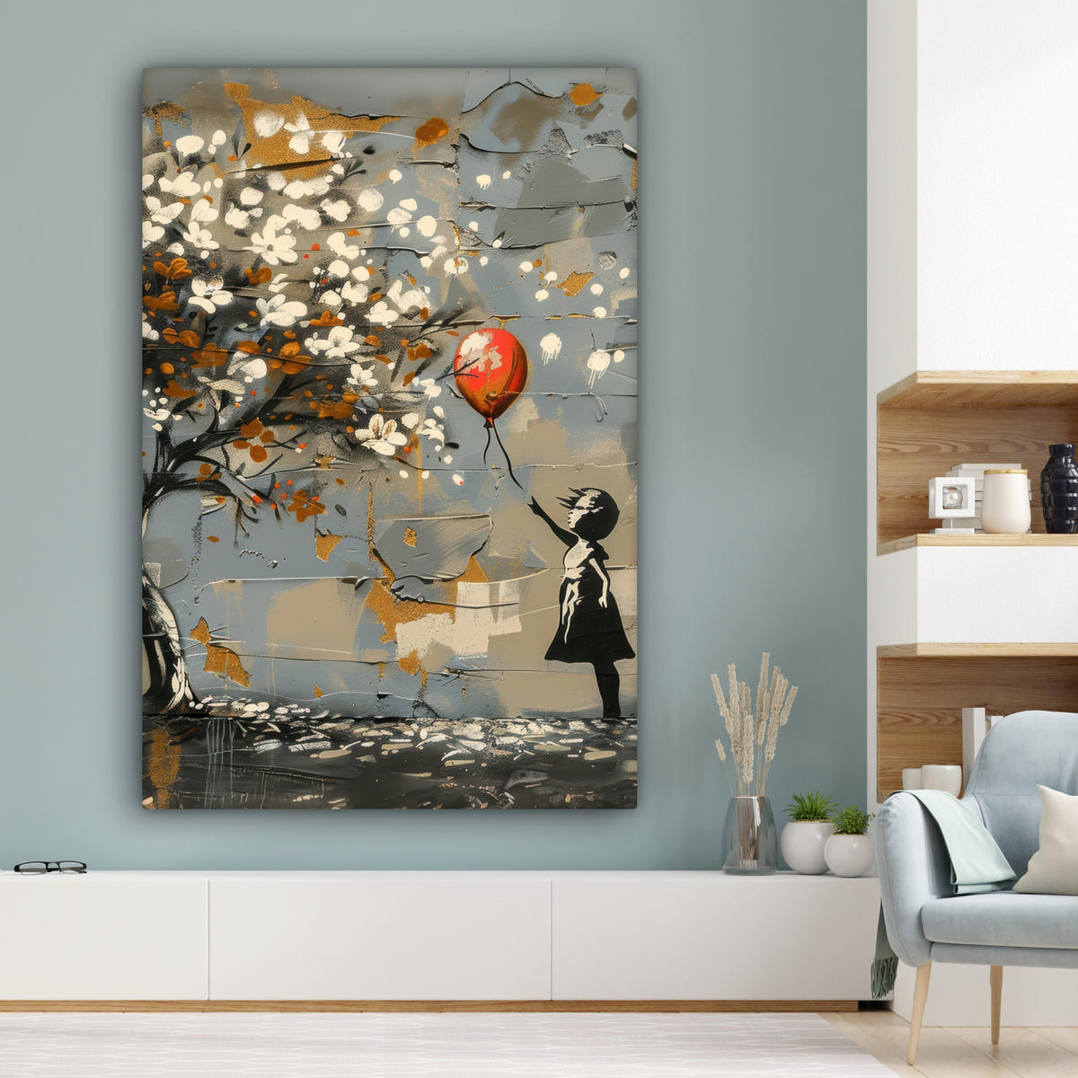 SLIKA NA PLATNU Drevo 90x140 cm - modrosiva, tekstil (90/140cm) - MuchoWow